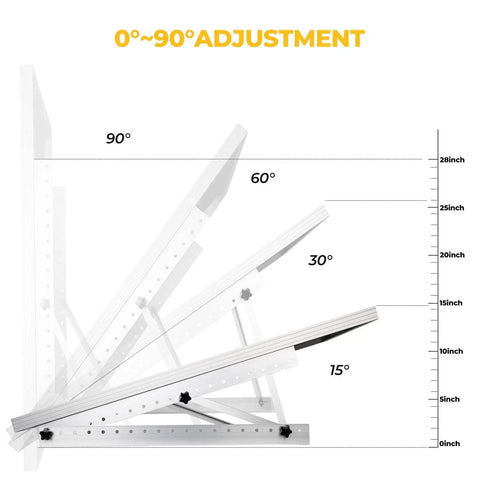 28 Inch Adjustable Solar Panel Tilt Mount Brackets With Foldable Tilt Legs showing 0-90 degree adjustment angles for roof RV setup