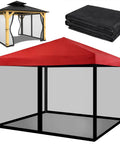 10x10 Mosquito Net With Zipper For Patio Gazebo And Canopy Tent shown with red tent and folded net in black