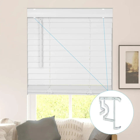 Clean 2 Inch Window Blind Valance Clips 12 Pack Heavy Duty Plastic Snap Holders installed on white horizontal blinds.