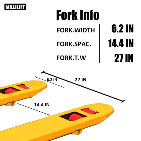 Workhorse Manual Pallet Jack With 6600 Lb Capacity And 48 Inch By 27 Inch Forks Yellow Hand Pallet Truck dimensions shown