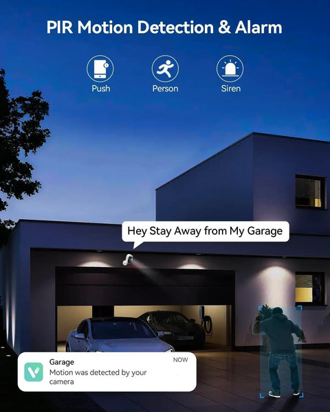 Night view of house with Solar Wireless Outdoor Security Camera Set 2 Pack Battery Powered WiFi Cameras With AI Motion Detection.