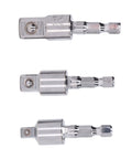 KANASI electric drill socket adapter set, 3-piece chrome with rotating sleeves and square-drive ends