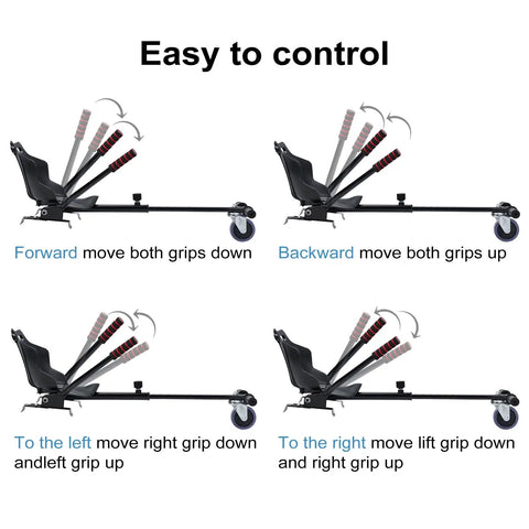 Hoverboard Seat Attachment With Adjustable Straps Go Kart Conversion For Adults And Kids Fits 6.5 8 And 10 Inch Self Balancing Scooters Black Safe And Stable Ride For All Ages illustration showing control directions and adjustments.