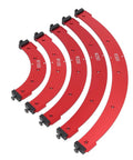 Tough Aluminum Router Templates Set Of 5 Radius Jigs R100 R150 R200 R250 R300 showing five red curved jigs for precise edge rounding.
