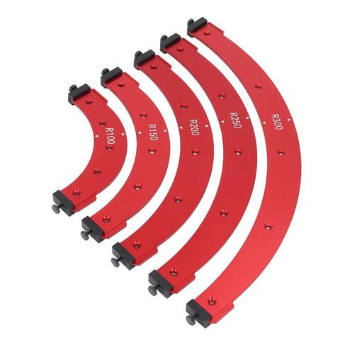 Top Shelf Aluminum Alloy Corner Jig Template Set For Dead On Precision Woodworking Corner Cuts Compatible With Router And Hand Tools For Slick Cabinet Edge Rounding Every Nailed It Build, red aluminum templates for radii R100 to R300.