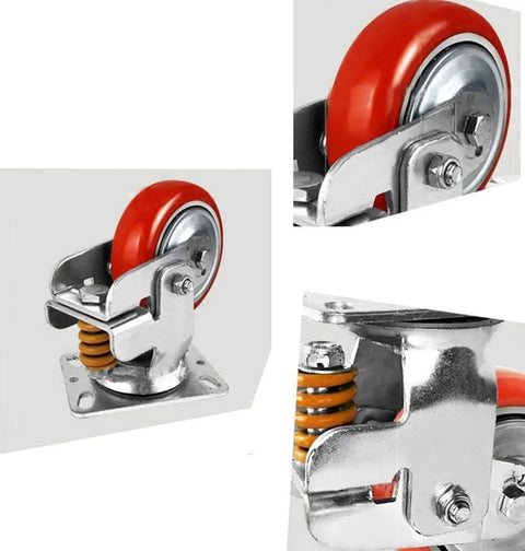 Heavy Duty Spring Loaded Swivel Caster Wheels With Brake Premium Polyurethane Tires in red, featuring metal frame and yellow spring.