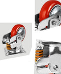 Heavy Duty Spring Loaded Caster Wheels With Polyurethane Tread, Swivel Office Chair Replacement Casters showing red polyurethane wheels and steel base.