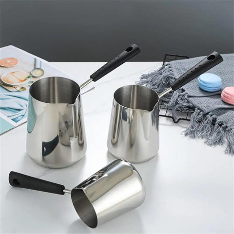 Stainless Steel Milk Pot With Easy Pour Spout For Chocolate Melting Butter Warming And Sauce 350ml on countertop