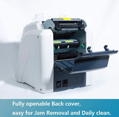 Two Pocket Money Counter With Pro Grade Bank Counterfeit Detection for Mixed Denomination and Multi Currency, back view open