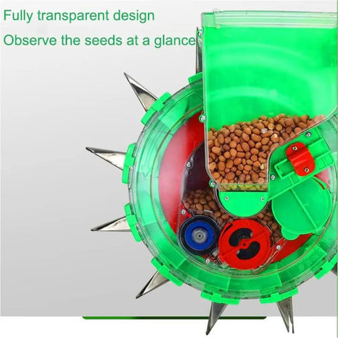 Transparent hopper on Corn Planter Seeder With Adjustable Depth For Precise Row Planting, showing seed dispenser mechanism