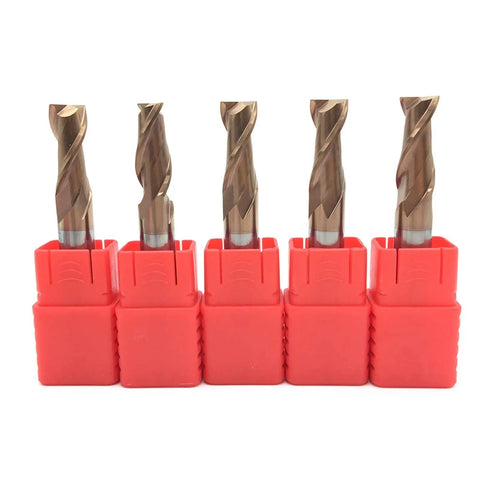 Top Shelf 2 Flute Carbide End Mill With HRC55 Tungsten Steel And Smooth Alloy Coating For CNC Woodworking in red holders.
