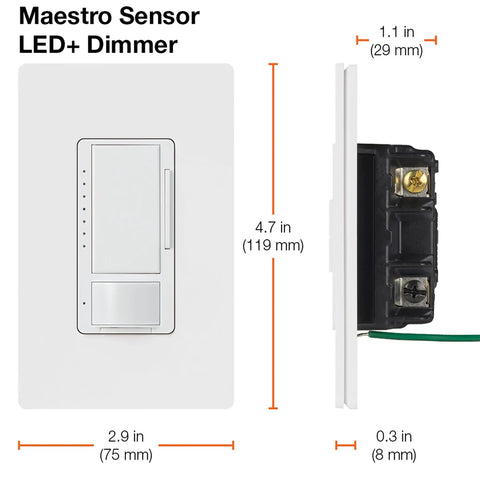 LED Plus Dimmer With Vacancy Sensor For Single Pole And Multi Location Install Auto Off When Room Is Empty Go To LED Dimming Performance White Finish Great For LED Bulbs VP153M WH, white wall plate with measurements and side view showing wiring detail.