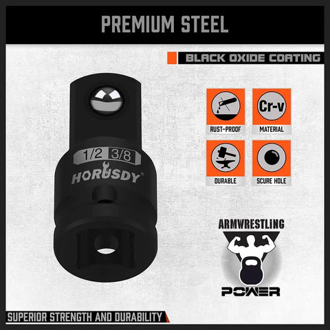 Heavy Duty Impact Socket Adapter And Reducer Set For Drills And Impact Drivers, 5-Piece Kit With 1/2 3/8 inch adapter, black oxide finish