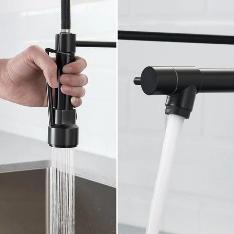 Kitchen Faucet with Pull Down Sprayer, Commercial Spring Single Handle Stainless Steel Sink Faucet, Two Function Spray Head, High Arc Single Hole Kitchen Faucet cUPC/NSF/NSF61 (Black) showing pull-down sprayer in hand.