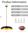 puncoll 20.5" Black and Gold Chandelier, 3-Light Dome Large Pendant Light dimensions and specifications overview.