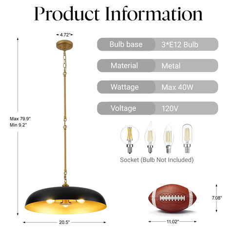 puncoll 20.5" Black and Gold Chandelier, 3-Light Dome Large Pendant Light dimensions and specifications overview.