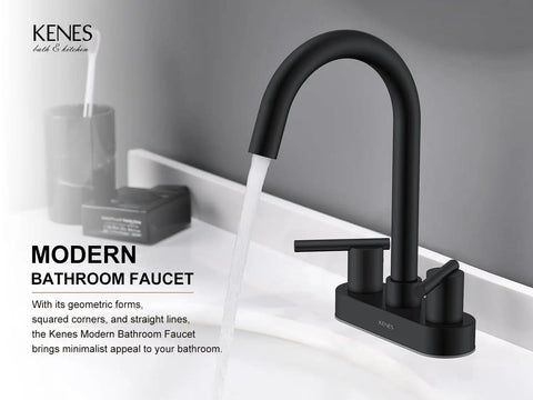4 Inch Centerset Matte Black Two Handle Bathroom Faucet with Pop Up Drain and Two Water Supply Lines, Modern Commercial Style