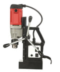 Portable Magnetic Drill Press For Metal Core Drilling And Tapping, Strong Base Electric Mag Drill Tool Ideal For Industrial Use And Home Improvement Projects On Steel Surfaces side view showing motor and controls.