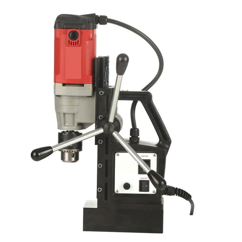 Portable Magnetic Drill Press For Metal Core Drilling And Tapping, Strong Base Electric Mag Drill Tool Ideal For Industrial Use And Home Improvement Projects On Steel Surfaces side view showing motor and controls.