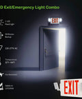 LED Exit/Emergency Light Combo showing Red Exit Sign LED Emergency Light Kit 120-277V Universal Voltage Double Face With Two Adjustable Heads And Backup Battery 2 Pack For Doors Hallways Offices And Warehouses