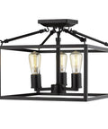 Wesson Semi-Flush Mount Light In Black With Open Geometric Square-Tube Cage, Exposed Sockets, Sturdy Steel Construction, Ideal For Hallways And Foyers, UL Listed, Easy Install