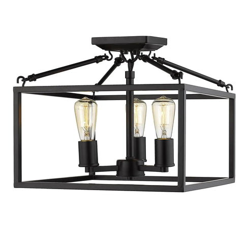 Wesson Semi-Flush Mount Light In Black With Open Geometric Square-Tube Cage, Exposed Sockets, Sturdy Steel Construction, Ideal For Hallways And Foyers, UL Listed, Easy Install