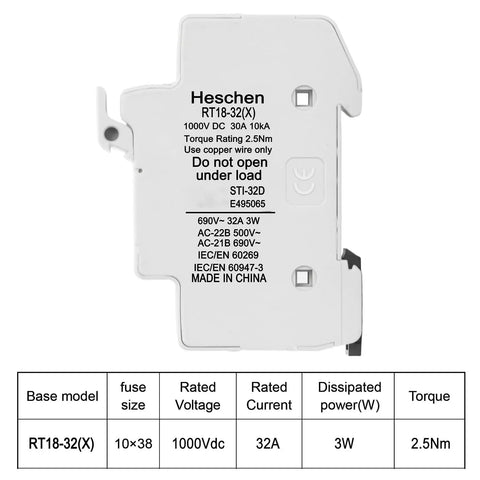 2 Pole DC 1000V Solar Fuse Holder For 10 X 38mm Fuses 35mm DIN Rail Mount CE Listed 32A PV Fuse Block side view.