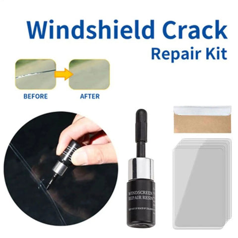 DIY Windshield Repair Kit For Chips And Cracks With Resin Glass Repair Fluid Quick And Easy Fix For Car Windshields Star Shaped Crack Repair Professional Grade with repair fluid, sleeve blade, and curing strips.