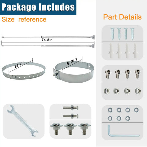 Package components of 6 Inch Extended Roof Chimney Bracket Support Kit Fits Stove Pipe Diameters From Six To Thirteen Point Seven Inches Adjustable