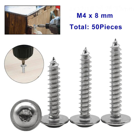 M4x8Mm 304 Stainless Steel Torx Pan Head With Washer Self Tapping Screws Pack Of 50 visible with drill and usage context.