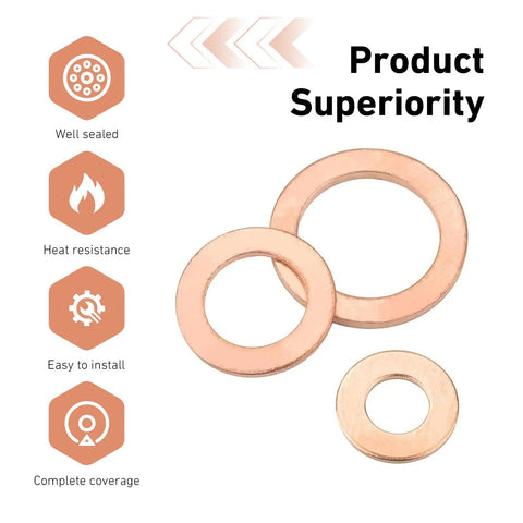 Close-up of Copper Crush Washer Set 200 Piece with 10 Metric Sizes M5 M6 M8 M10 M12 M14 Universal Oil Drain Plug Gasket Kit