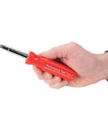 Hella Grippy Heavy Duty Red Handle Six In One Quick Change Multi Bit Screwdriver With Dual Nut Drivers And Phillips Bits for detailed work.