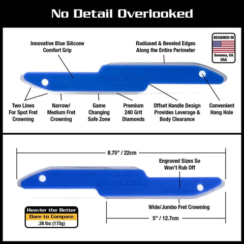 Pro Guitar Fret Leveling Kit With Beam, Crowning File And Polish Set - features of blue silicone grip crowning file.