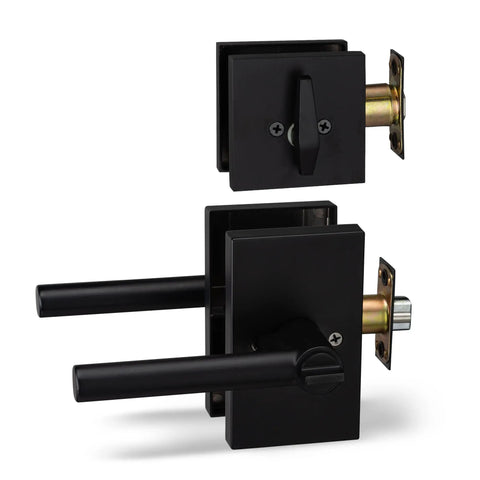 Heavy Duty Entry Lever Door Handle Set With Single Cylinder Deadbolt Lock For Front Door Or Office Reversible Right And Left Handed Modern Iron Black Finish Designer Series Security Lever Handle display