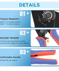 Close-up details of Coaxial Cable Crimping Tool Kit With Five Interchangeable Dies showing pressure regulator and ergonomic handle.