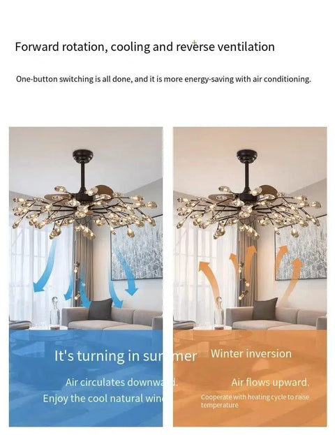 Top Tier Modern Ceiling Fan Light Featuring Durable Glass Shades Equipped With 56 High Output G4 Bulbs Delivering Crisp Tricolor Light And A Slick Firefly Profile To Seriously Level Up Your Living Room Setup Today displayed in summer and winter modes.
