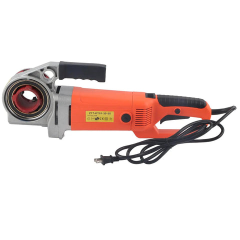 Rock Solid Electric Pipe Threader Handheld Threading Machine 110V US Plug with six dies and power cord, lightweight and compact.