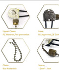 Two-Wire Pull Chain Ceiling Fan Light Switch ZE-109 components including chain, screw, base, UL listed, bronze finish