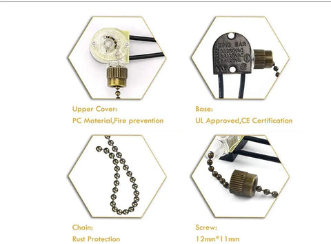 Two-Wire Pull Chain Ceiling Fan Light Switch ZE-109 components including chain, screw, base, UL listed, bronze finish