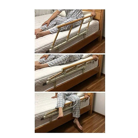 Person demonstrating Retractable Bed Rail Guard For Elderly And Adults With Foldable Safety Side Rail Easy One Click Fold Hospital Grade Grab Bar