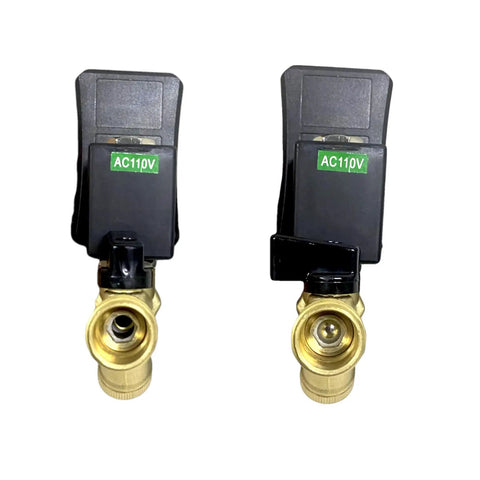Auto Drain Valve For Air Compressors G1/2 Inch 1.6 MPa 110V AC With US Plug two units front view with brass fittings