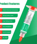 Syringe of Hot Temp Lead Free Solder Paste Sn99 Ag0.3 Cu0.7 for electronics with product features on green background