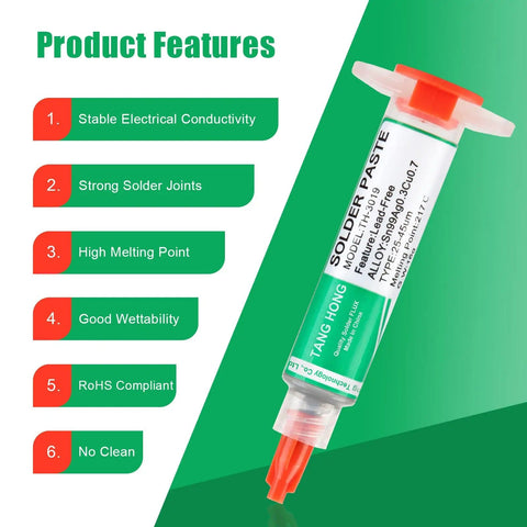 Syringe of Hot Temp Lead Free Solder Paste Sn99 Ag0.3 Cu0.7 for electronics with product features on green background