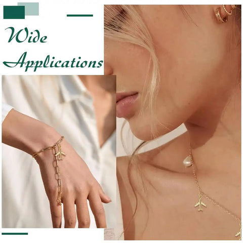 Close-up of 14 Pack Airplane Charms 18K Gold Plated Brass Plane Pendants With Jump Rings on necklace and bracelet