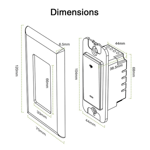 Plug And Play Smart Light Switch For 2.4GHz WiFi With App Control dimensions in millimeters.