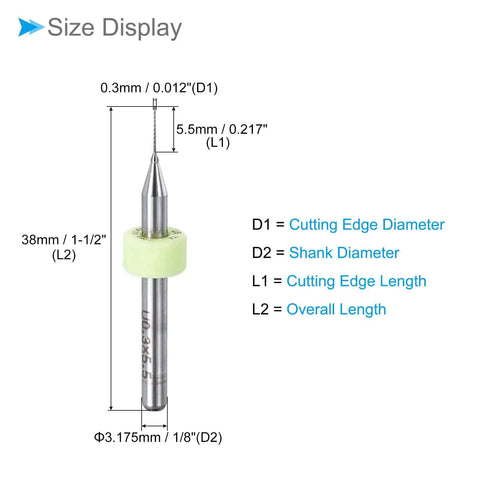 Diagram of PCB Drill Bits Set 0.3mm Cutting Edge Tungsten Carbide One Eighth Inch Shank for CNC with size specifications labeled.