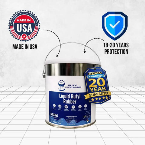 Front view of One Coat Wonder EPDM Butyl Rubber Roof Coating And Waterproof Sealant For EPDM TPO Metal Fiberglass Concrete No Primer Needed Quick Leak Stop Heavy Duty 1 Gallon White Roof Solution with USA and 20-year guarantee icons.