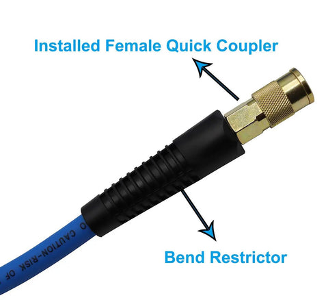 Hybrid Air Hose One Quarter Inch By Fifty Feet, 300 PSI Heavy Duty Air Compressor Hose, blue with female quick coupler and bend restrictor