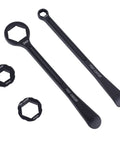 Heavy Duty All In One Motorcycle Tire Change Kit with hex wrench heads, tire iron levers, and spoon tool, wrench set visible.
