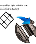Replacement Parts Kit For AV2610WA Matrix Plus 2 In 1 Robot Vacuum Cleaner showing pre filters with dustbin compartment